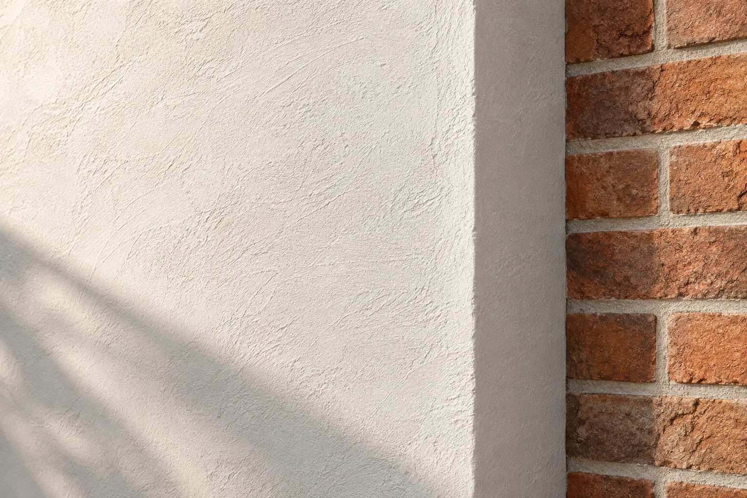 Illustrative Materialstudie: heller Putz im Streiflicht neben einer Klinkerfläche